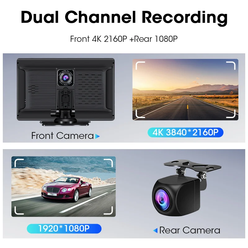 10 pollici Auto DVR 4K Macchina Fotografica Senza Fili Carplay Android Auto Dashcam Bluetooth GPS Navigazione Cruscotto Videoregistratore FM AUX - immagine 5