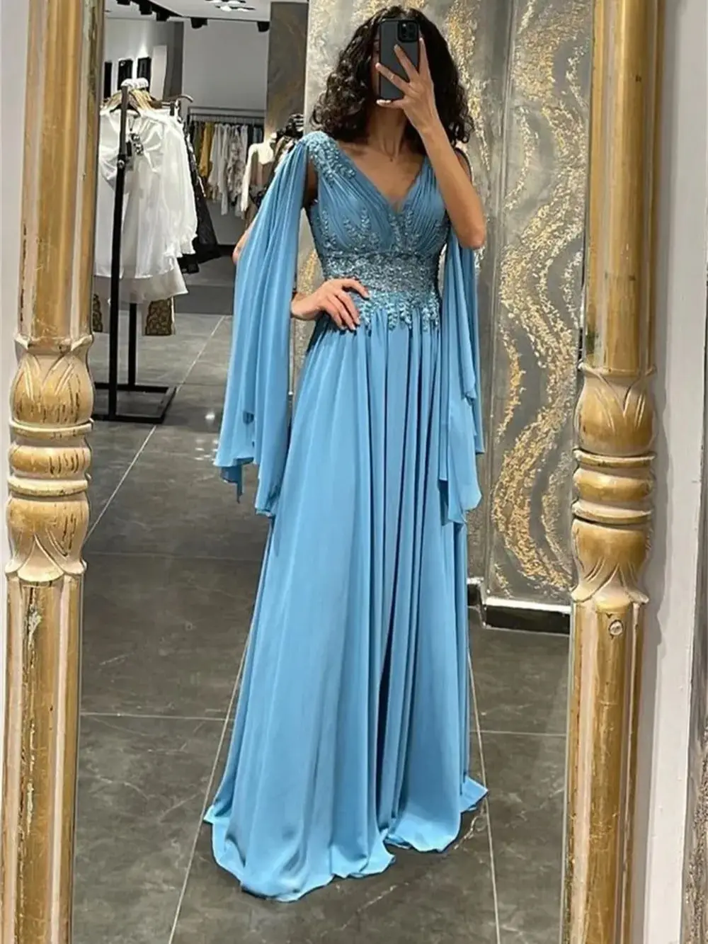 

Chiffon Ruffled V Neckline and Ribbon Sleeves Prom Dresses Lace Appliques and Beading A-Line Dress Women's Formal Occasion Gowns