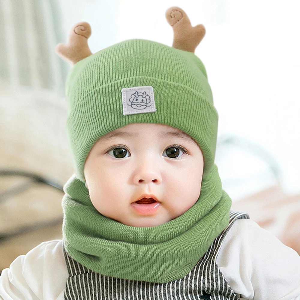 Baby Hat Scarf Set Children's Neck Scarf Knitted Woolen Hats 3D Cartoon Animal Horn Cotton Beanies Caps For Kids 3-18 Month