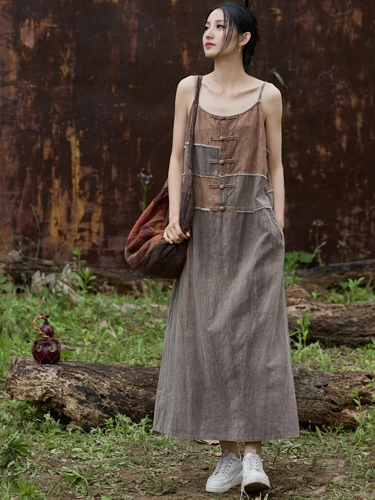 Women Cotton Linen Long Dress New Arrival 2025 Summer Vintage Style  Patchwork Color Ladies Spaghetti Strap Casual Dresses M1615 - AliExpress