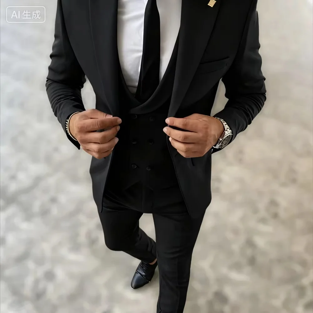 Solid Suits for Men Slim Fit Luxury Wedding Tuxedos Fashion Mens 3 Pieces(Blazer+Vest+Pants)Peak Lapel Suits Jacket for Business