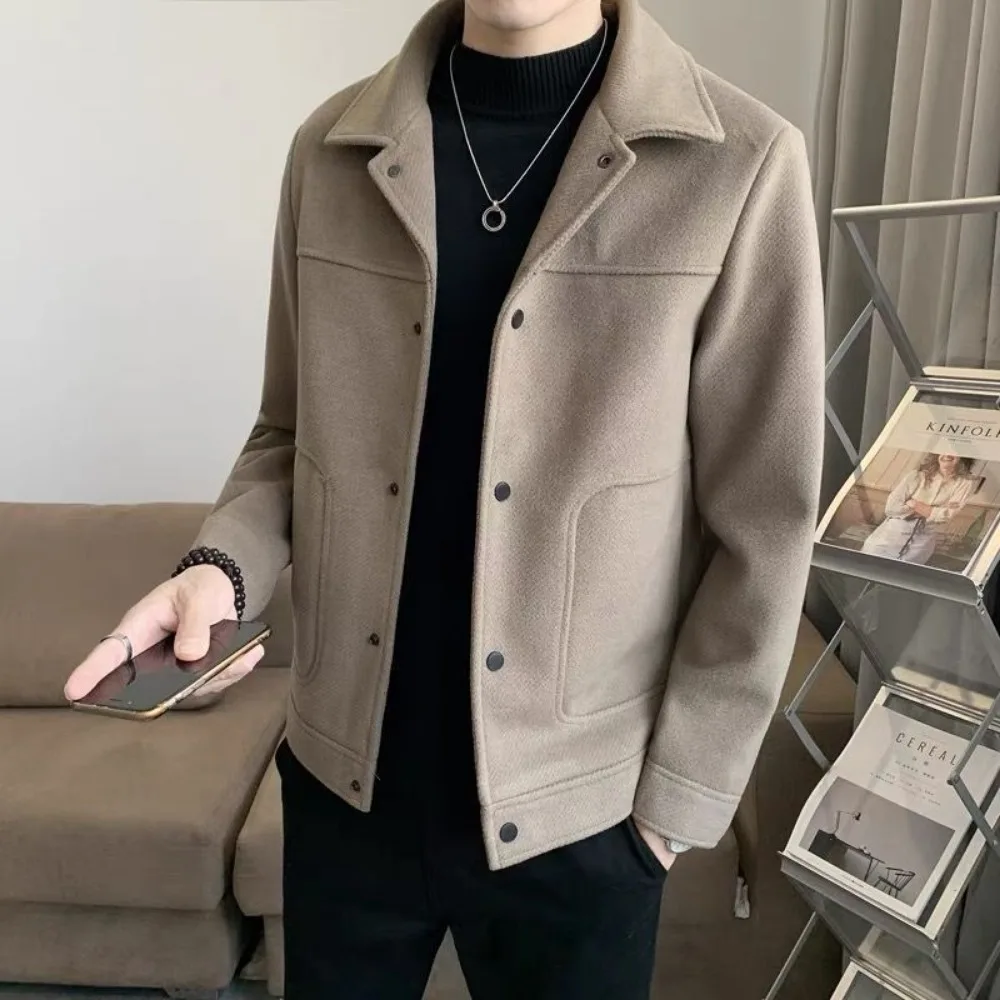 2023 Fashion Men Single-Breasted Windbreaker Solid Color Slim Short Woolen Coat Winter Casual Warm Windbreaker Coat Men Clothing