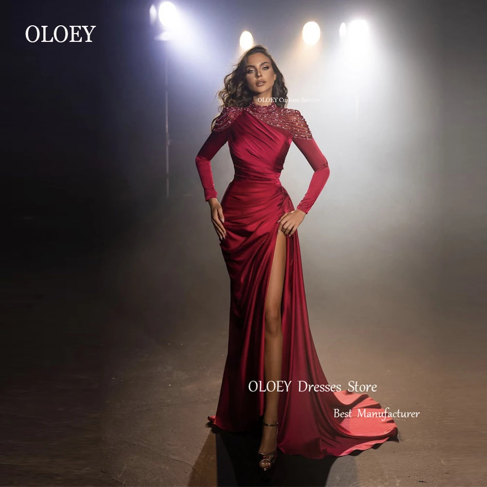 

OLOEY Modest Dubai Arabic Burgundy Mermaid Evening Dresses High Neck Glitter Tassel Long Sleeves Split Prom Gowns Wedding Party