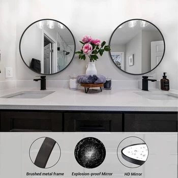 27'' Round Wall Mounted Mirror, Wall Decor Mirrors, Bathroom Bedroom Living Room Glass Vanity Mirror, Black/Golden 6