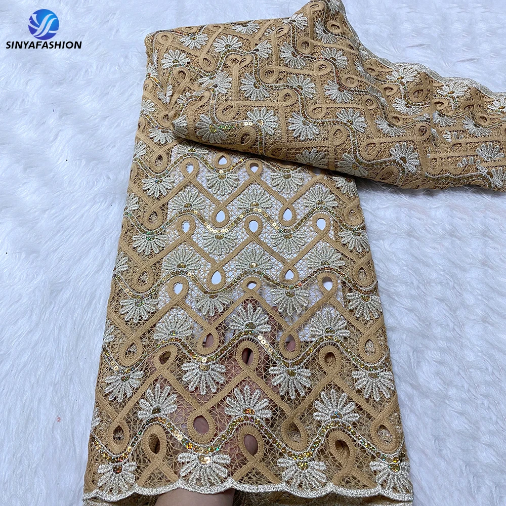 

Sinya African Sequins Lace Fabric 2024 High Quality Water Soluble Lace Guipure Lace Fabric Embroidery Cord Lace Fabric For Women