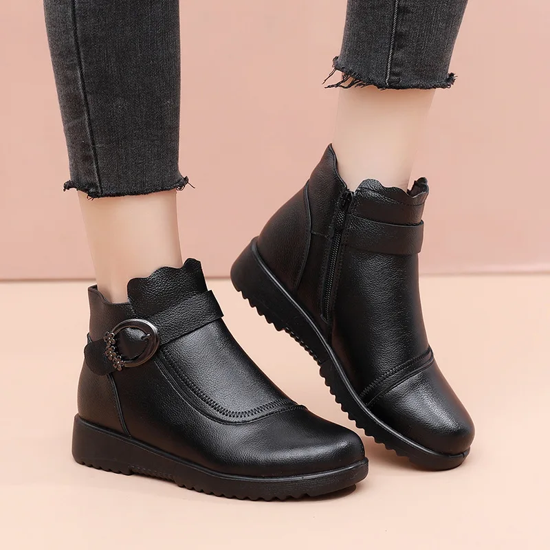 Winter Shoes Women Genuine Leather Wedge Non-slip Ankle Boots Women's Thick Plush Warm Snow Boots Mother Waterproof Booties