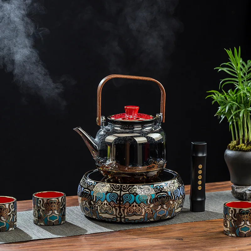 Taotie Design Retro Ceramic Tea Maker Radiant-cooker Metal Inlay Boiling Teapot retro Control Gift Package 6cups one set