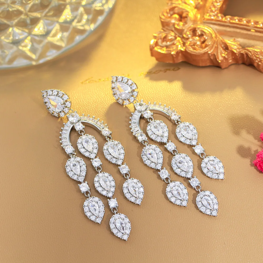 14K Gold Moissanite Water Drop Tassel Earrings - Geometric Crystal Dangle Earrings For Wedding & Party - View #5