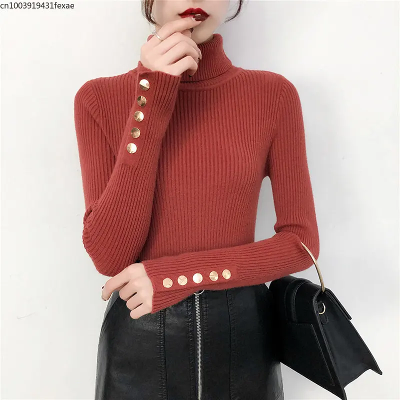 

2023 Fall/Winter Collection Women Clothing Basic Tops Turtleneck Ribbed Knit Sleeve Decorative Buttons Sweater