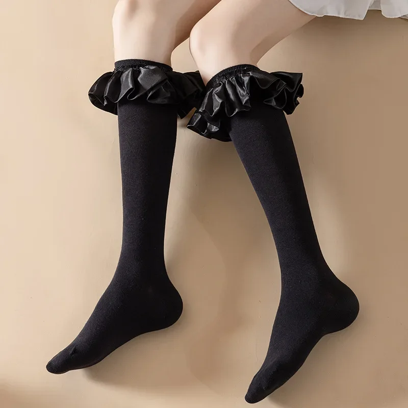 White Lolita Satin Lace Calf Girl Autumn and Winter Japanese Cute Soft Girl French Bubble High Stockings Black White