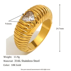 E.B.belle Luxury Heart Zircon Wide - Band Ring in 18K Gold - Plated Stainless Steel - 8 (R5117)