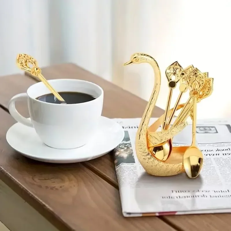 6PCS INS Style Swan Coffee Spoons Set Stainless Steel Creative Teaspoon Dinnerware Set Decorative Desktop Decor Kitchen Gadgets