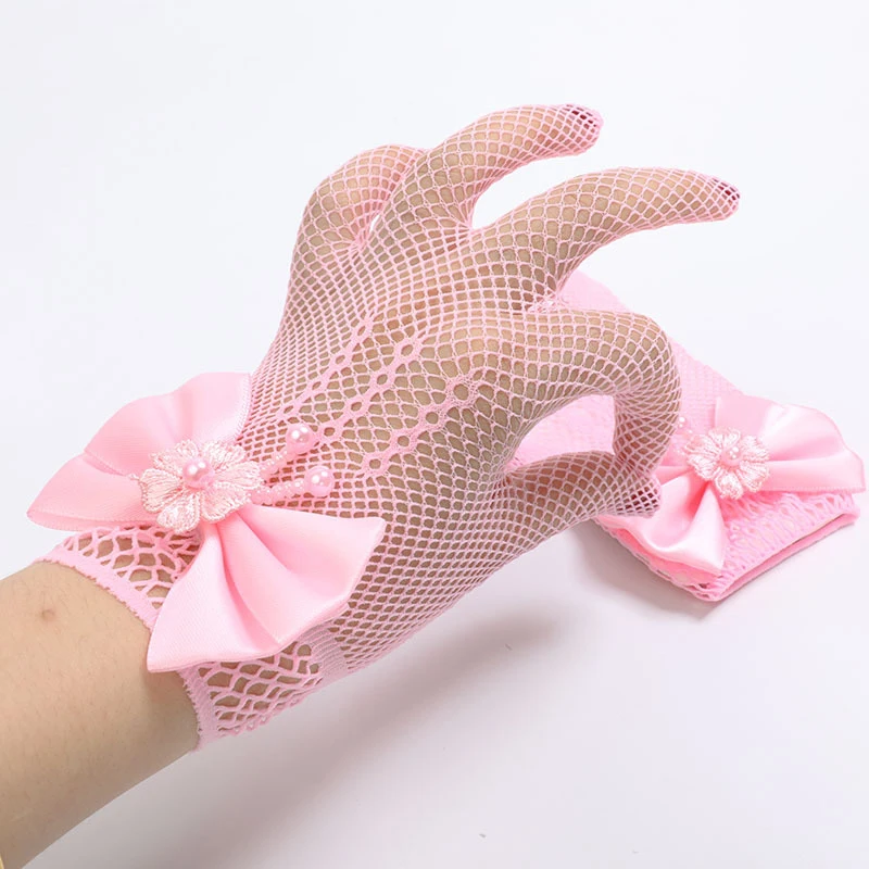 Girls Short Gloves Female Sexy Fishnet Solid Color Mittens Mesh Bow Lace Pearl Decoration Gloves Party Gloves Party Supplies