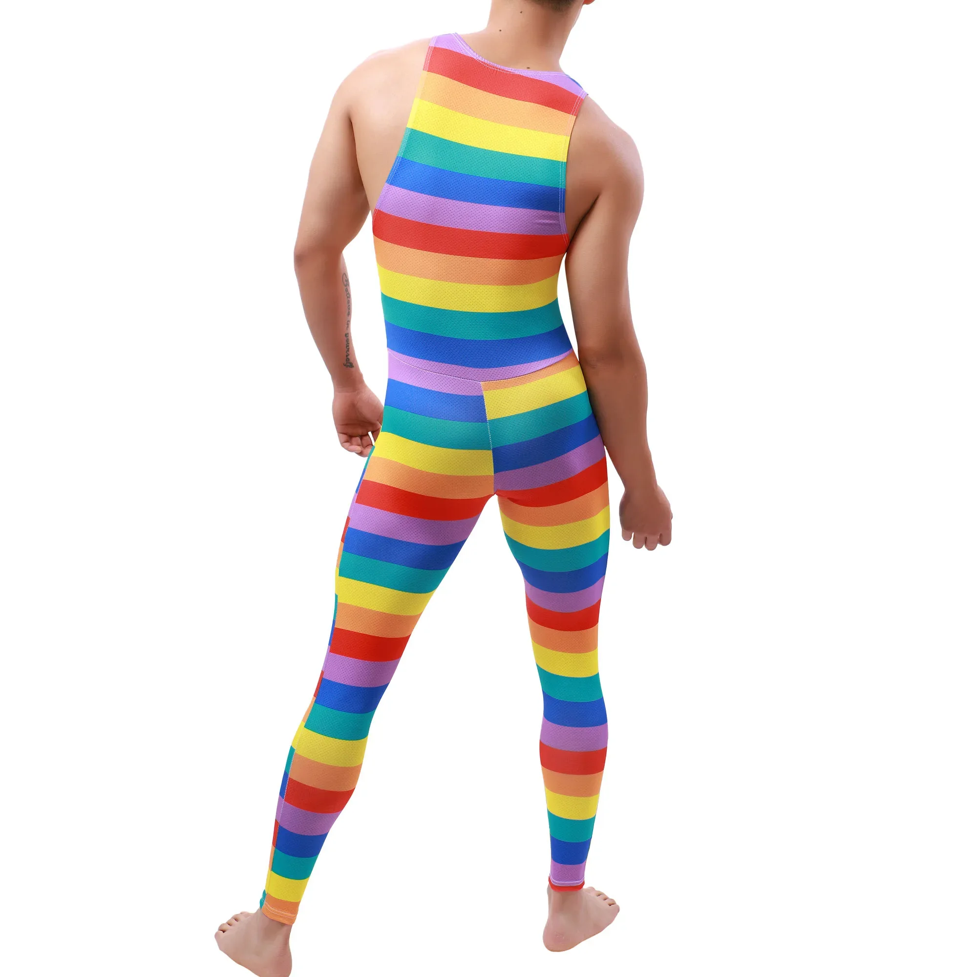 YUFEIDA Sexy Mens Undershirt Legging Pajama Male Breathable Jumpsuit Leotard Underwear Rainbow Print Wrestling Singlet Bodysuits