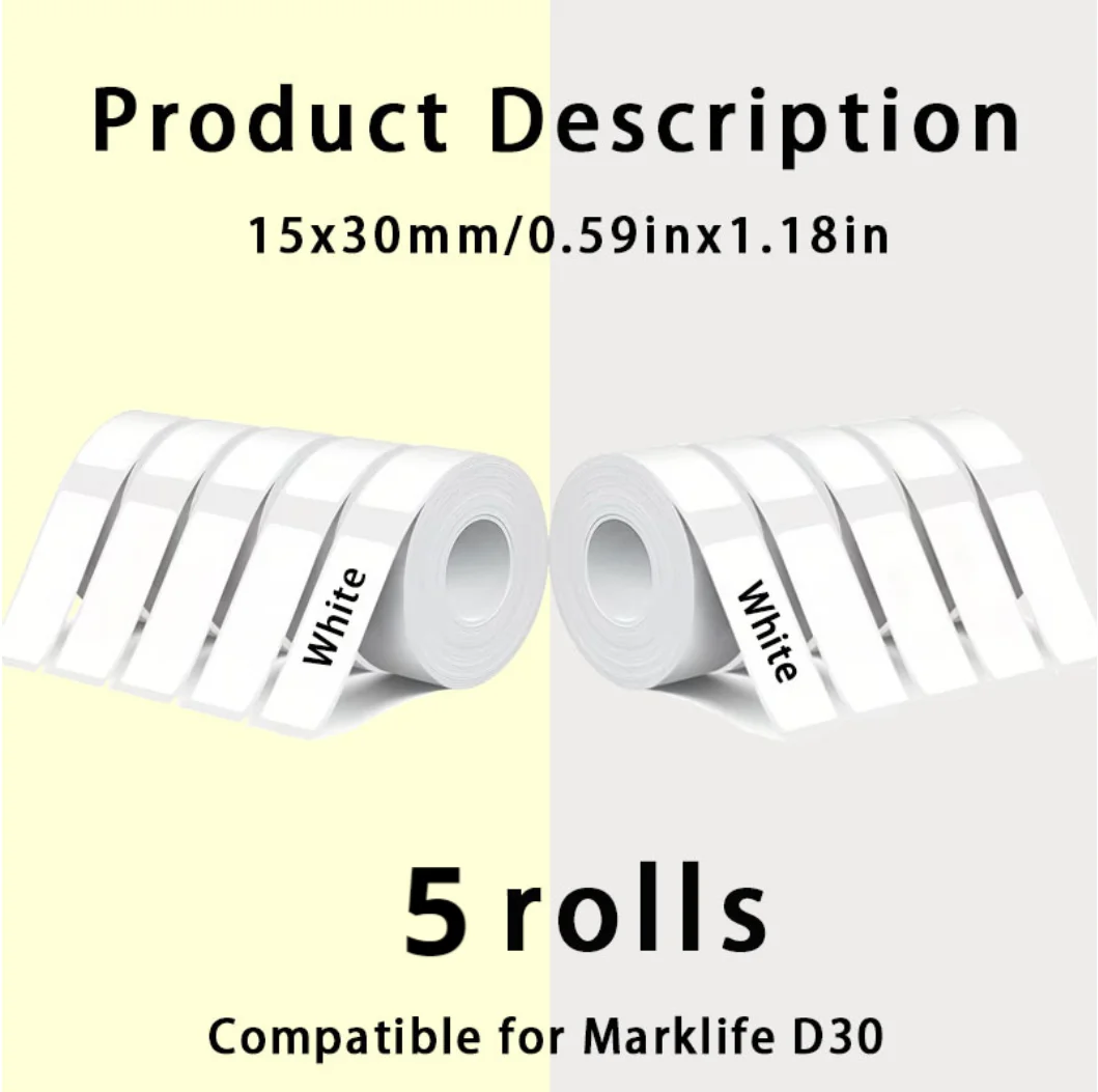 P15 열전사 라벨 테이프 15x30mm 흰색 투명 자가 점착 스티커 5롤 휴대용 미니 라벨 프린터용