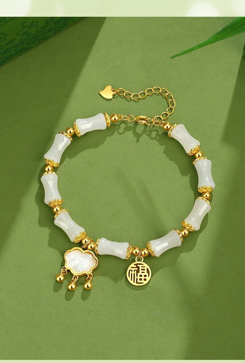 Natürliches Hetian-Oliven-Jade-Armband für Frauen, minimalistischer chinesischer Stil, Bambusknoten, handgefertigter Schmuck, modische Geschenkidee, verstellbar – Detail 7