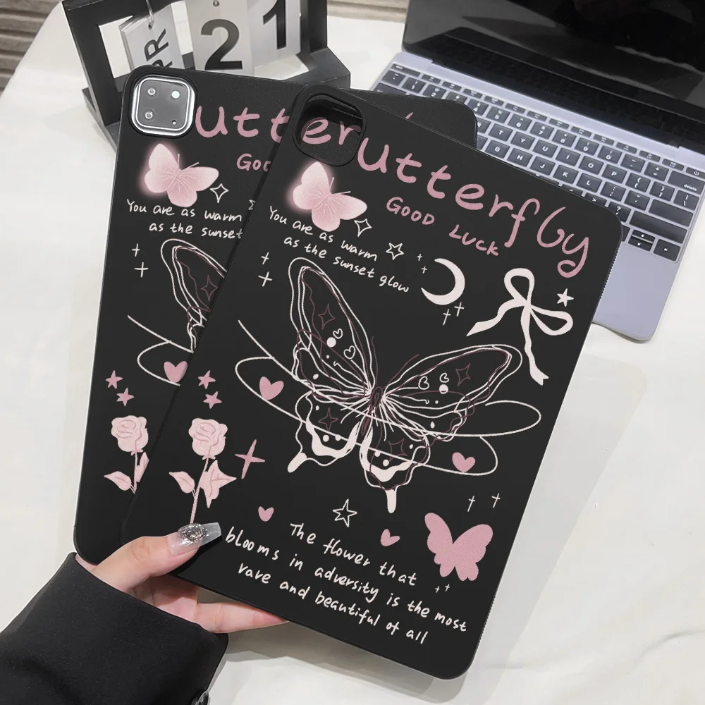 Matte Finish Tablet Case with Black Pink Butterfly Rose Design - Y2K Aesthetic
