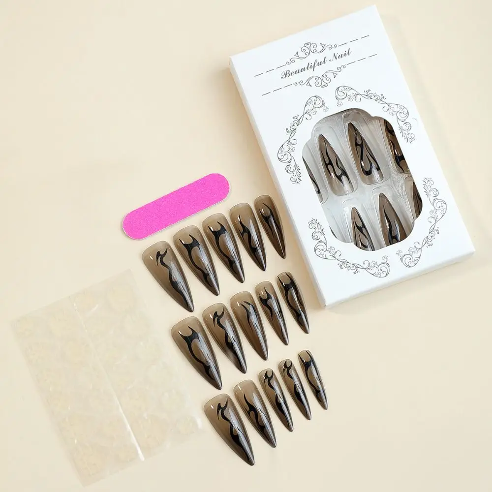 Fashion Long Stiletto False Nails French Full Cover Nail Tips Mechanical Silver Black Vine Detachable Fake Nails DIY