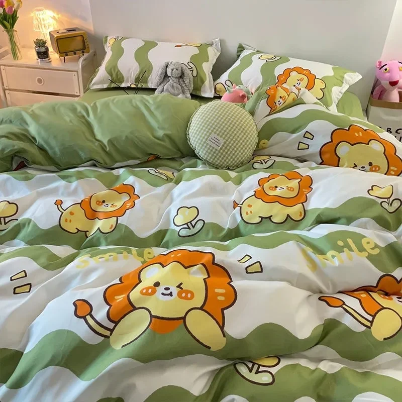 

Bedding Set Cartoon Kids Lion With Cute Duvet Cover Flat Bed Sheet Pillowcase Girls Boys Favorite Gift Single Queen Bed Linen