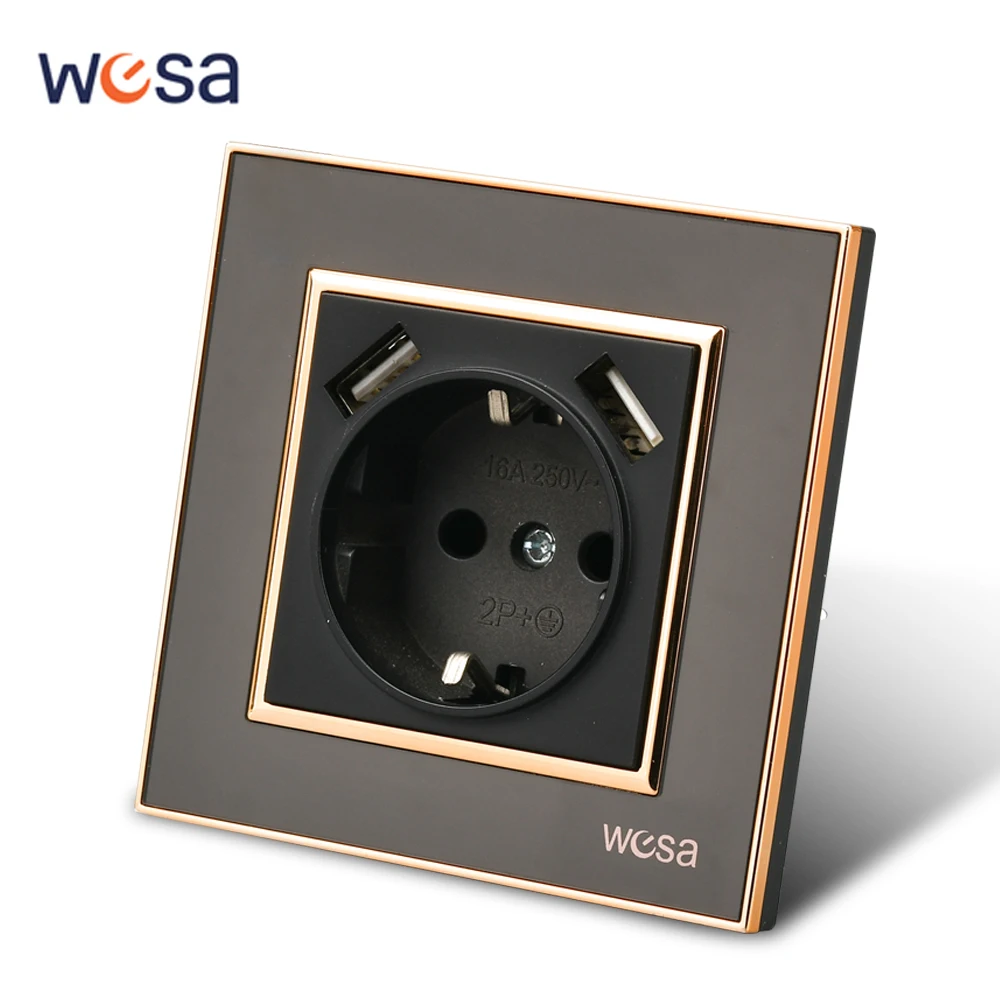 WESA Black Mirror Acrylic Power Socket With 2 USB EU Standard Electrical Outlet Standard Ground Plug Wall Socket Flame Retardant