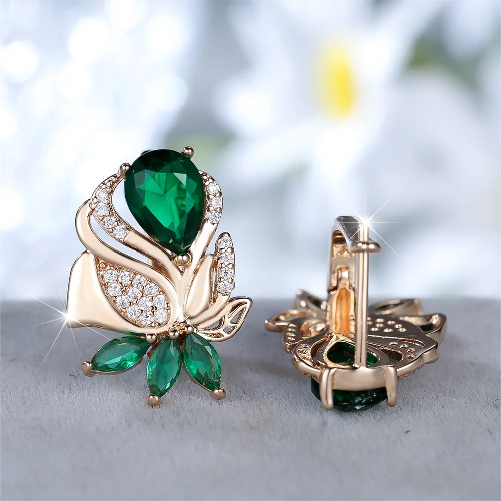 Green Zircon Water Drop Stone Cute Flower Hoop Earrings For Women Vintage Gold Color Ear Buckle Wedding Jewelry Engagement Gifts