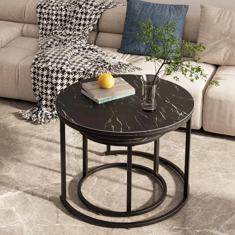 Round Nesting Coffee Table Side Set of 2 End Tables for Living Room Bedroom Balcony,Faux Marble Wooden Table 23.6IN Accent Large 4