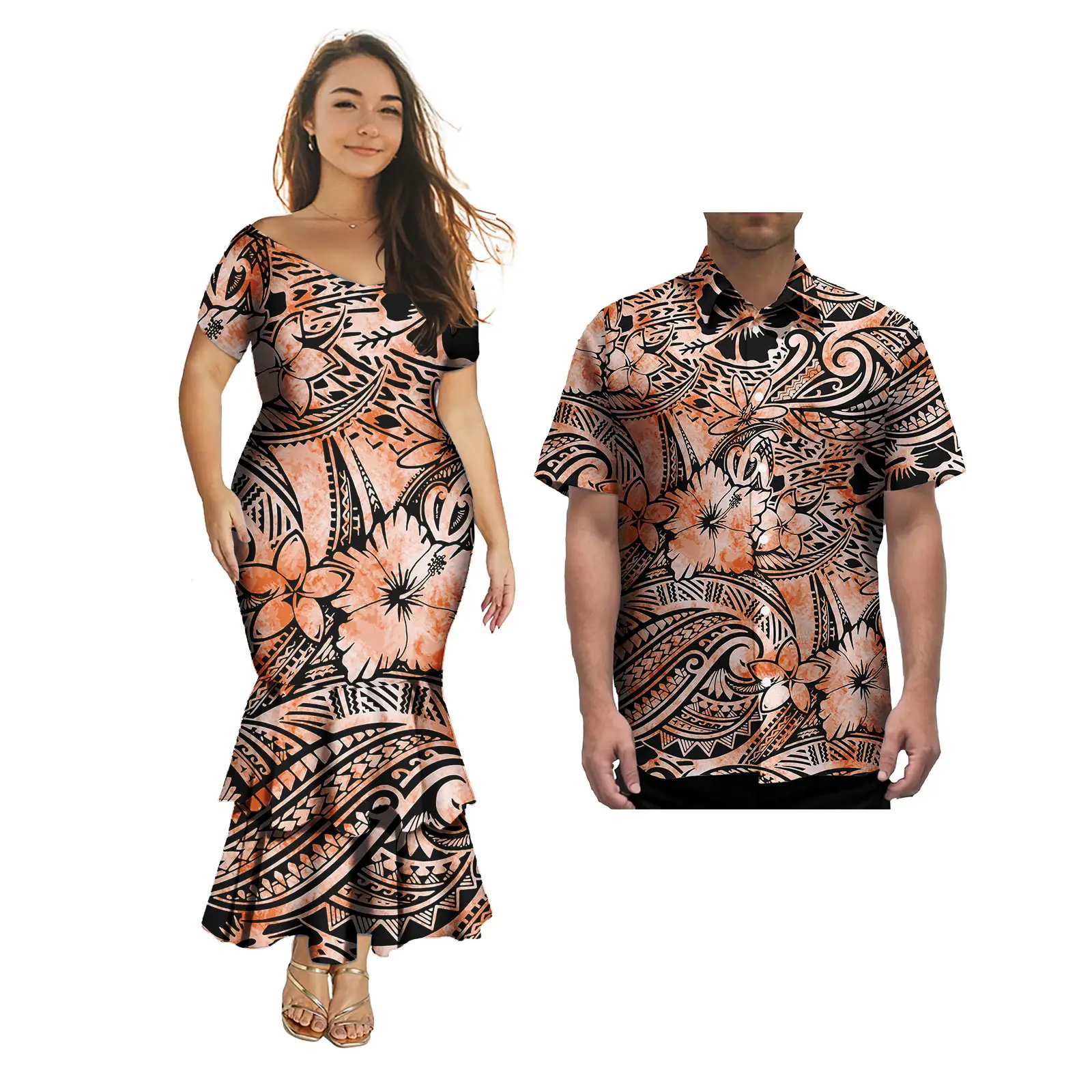 Matching Couple Outfits Polynesian Custom Design Elegant Women Mermaid Dresses And Hawaiian Aloha Shirts Island Couple 2pcs Set