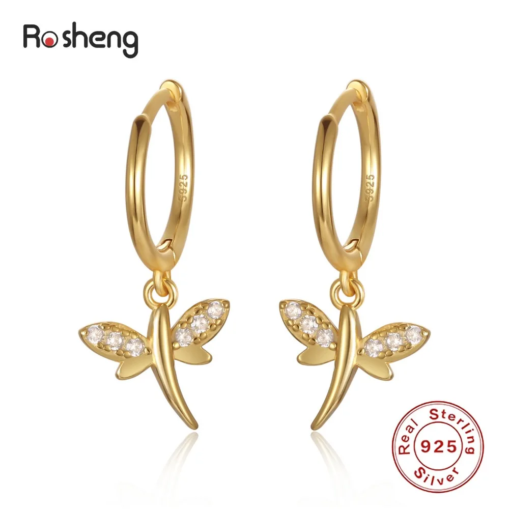 

925 Pure Silver Dragonfly Design Drop Hoop Earrings 18k Gold Plated for Women Female Fine Jewelry Party Brithday Gifts