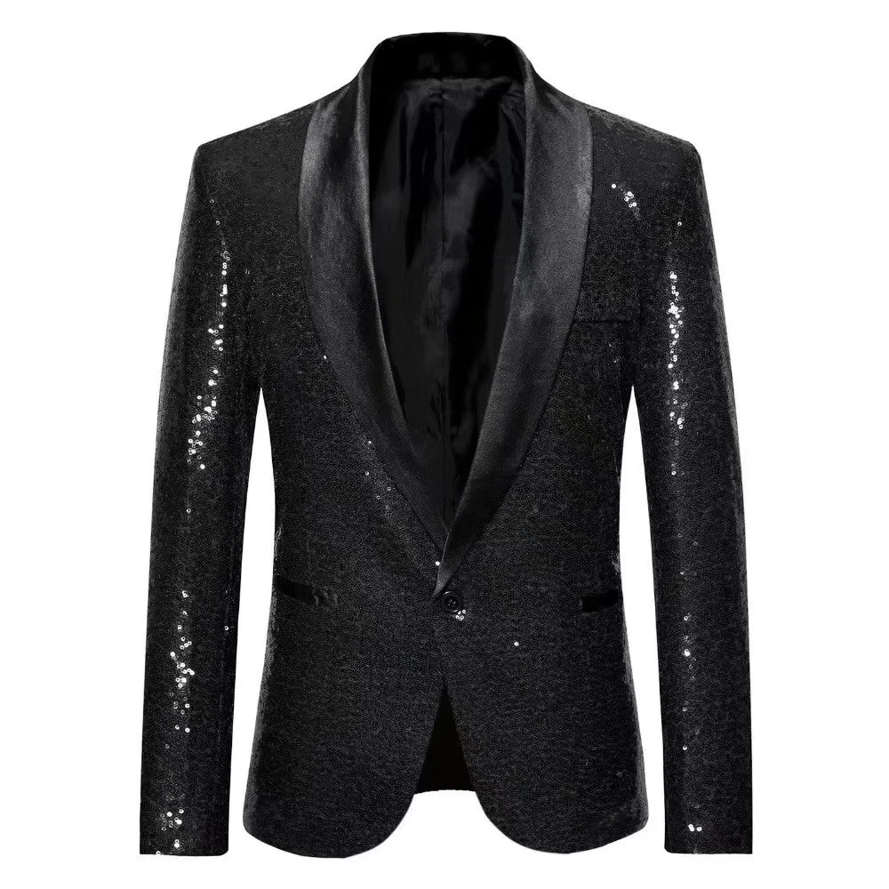 

Мужской блейзер с цветными блестками, Черная шаль с лацканами на одной пуговице, смокинги, пальто, пиджак для вечеринки, банкета, косплея, костюма, куртки