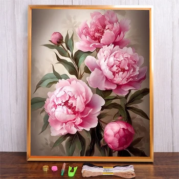 Kit de broderie de fleurs de pivoine faites à la main, pour débutants et adultes, décoration murale de maison, images suspendues, couture de plantes, ensemble artisanal de bricolage 1