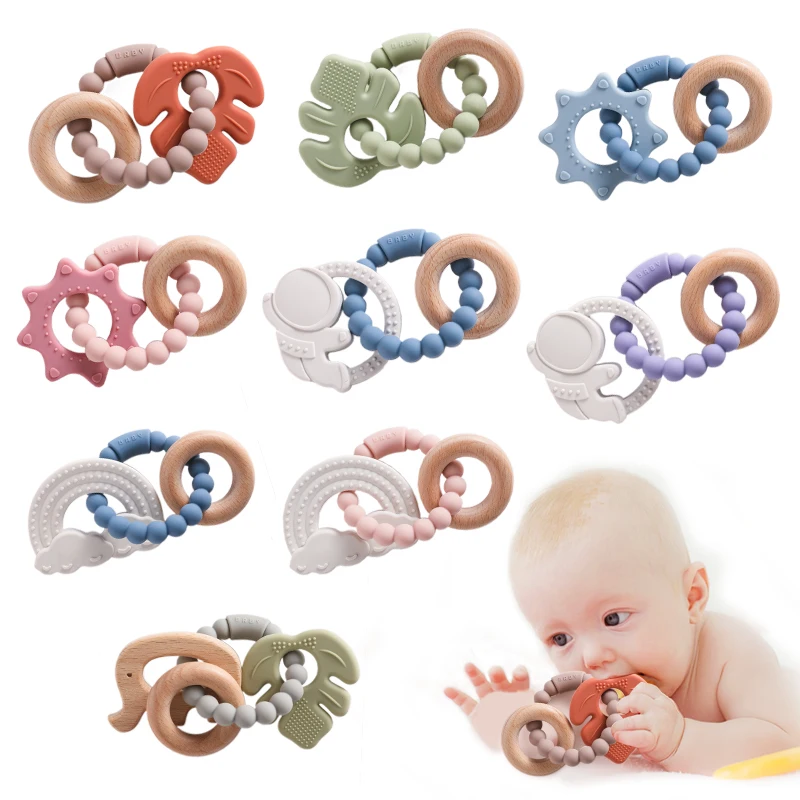 Silicone Teething Toys Baby BPA Free Bracelet Leaf Wooden Ring
