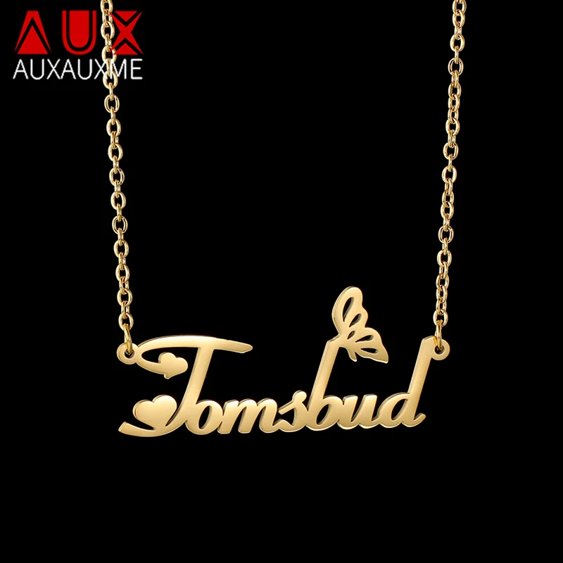 

Auxauxme Stainless Steel Custom Name Necklace for Women Heart Butterfly Nameplate Choker Jewelry Gift Dropshipping Wholesale