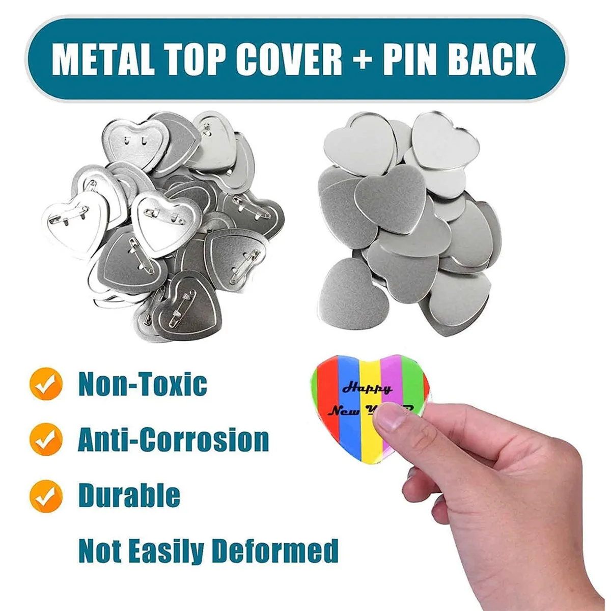 57MM Heart-Shaped Pin Button Maker Parts Include 50-100Sets of Heart-Shaped Metal Cover Button Back Cover Clear Film&Blank Paper