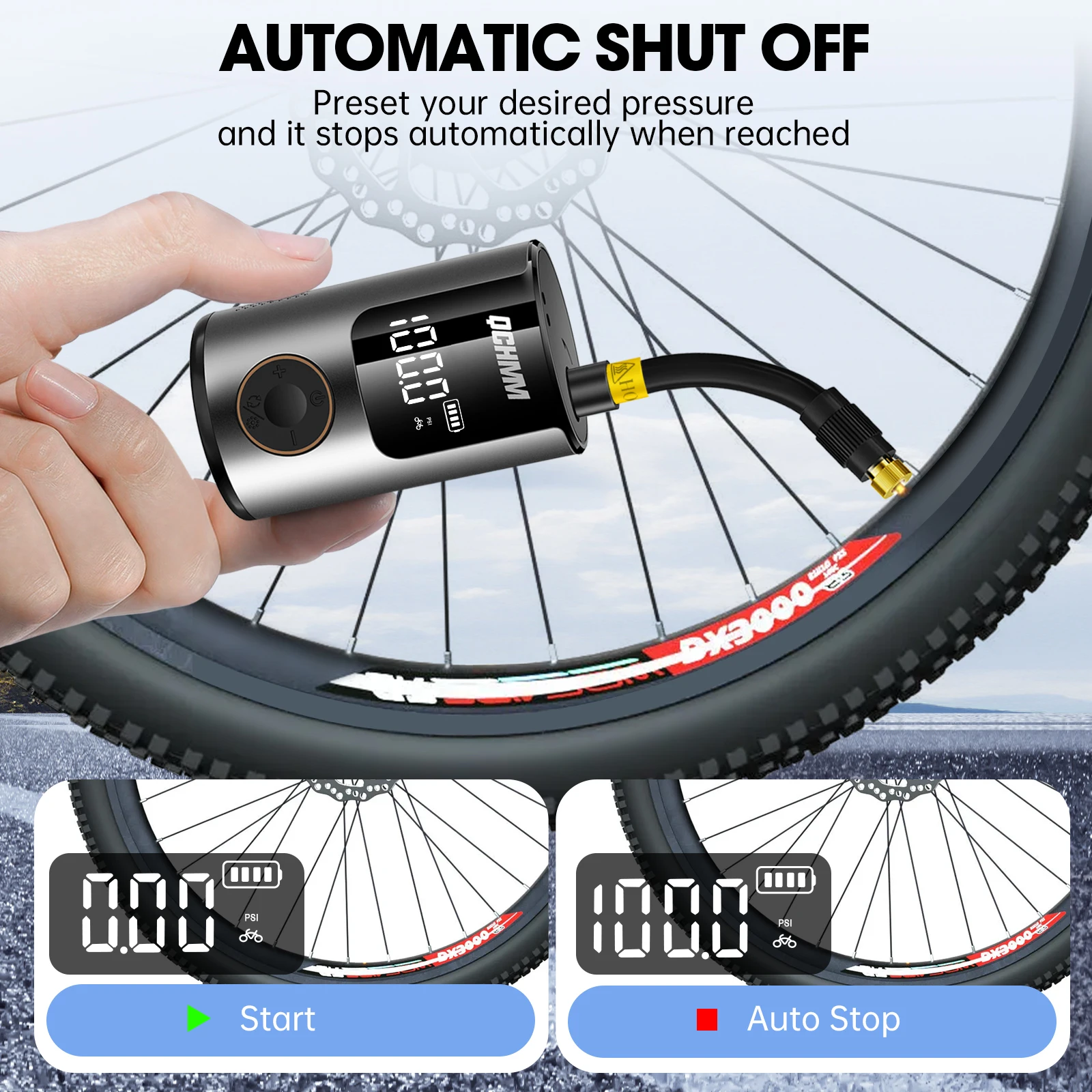 Pompa Bici Elettrica 120PSI - Mini Pompa Portatile Con Manometro | Per Valvole Schrader E Presta - Foto 4