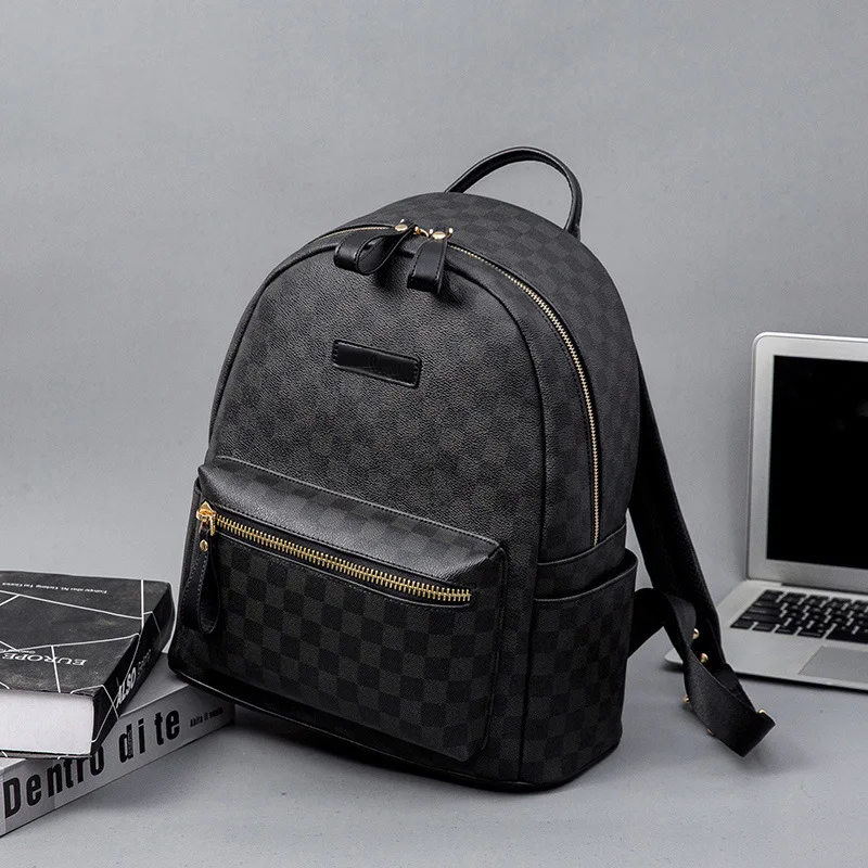 Leather Backpack School Backpack Classic leather plaid backpack, trendy men's new street backpack, fashionable college student schoolbag computer bag