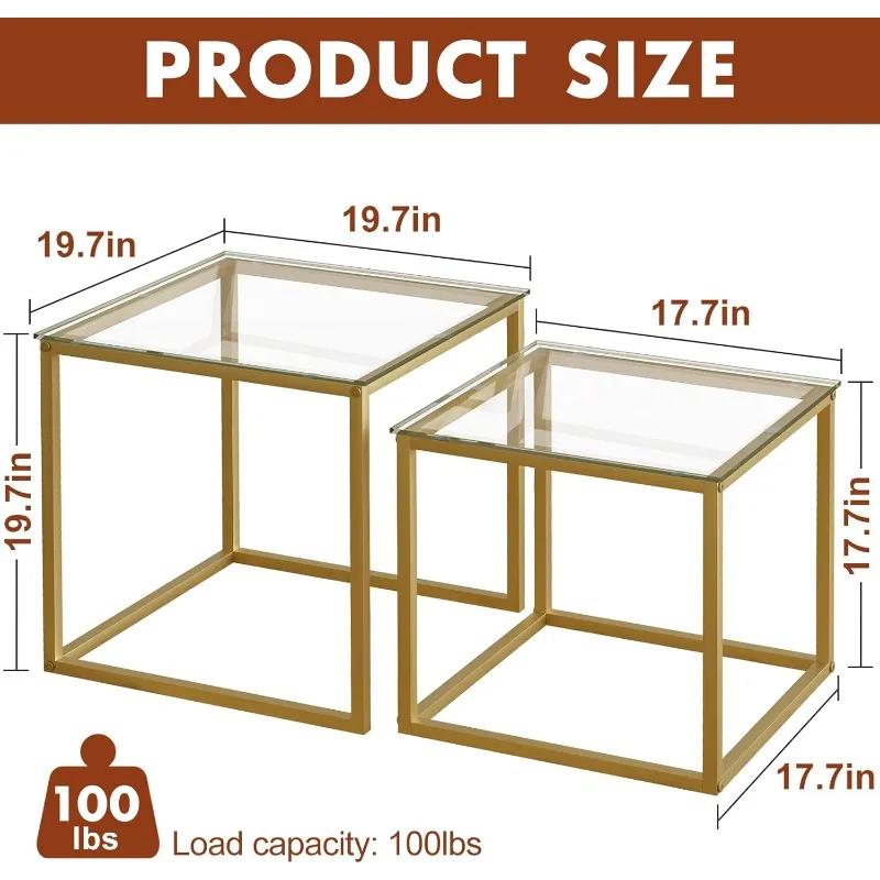 Coffee Table Set of 2, Modern Gold Glass Side Table, Metal Frame Square End Table, Center Tables Nesting Coffee Table. 2