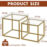 Coffee Table Set of 2, Modern Gold Glass Side Table, Metal Frame Square End Table, Center Tables Nesting Coffee Table. 2