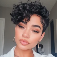 1B #   Perruque de cheveux humains coupe lutin pour femmes, 6 pouces, couches courtes, amples et bouclées avec frange, densité 180%, cheveux brésiliens Remy, bonnet en filet Rose 4