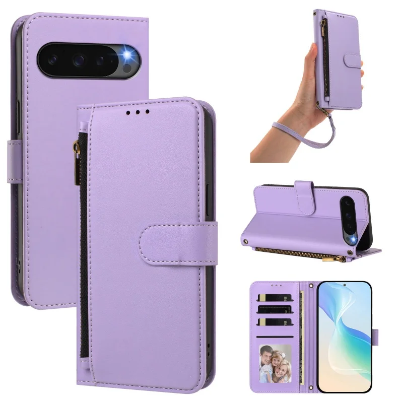 Elegant Leather Wallet Phone Case with Wrist Strap and Zipper Card Holder