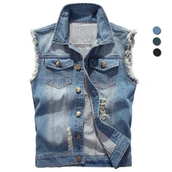 Men's Denim Vest Ripped Jean Jacket Hip Hop Biker Waistcoat Coats Cowboy Brand Sleeveless Jacket Motorcycle Tanks Plus Size 6XL