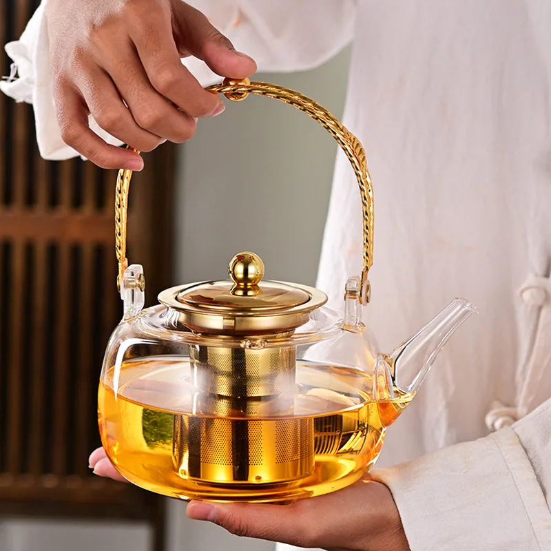 

1000ML Glass Tea Pot Heat Resistant Tea Kettle with Stainless Steel Infuser Transparent Tea Set Portable Metal Handle Teapot
