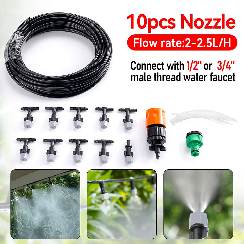 

10M Garden Hose Spray Fog Nozzles Irrigation System Fog Cooling Fine Misting Watering Head with 10pcs MisterNozzle Removable