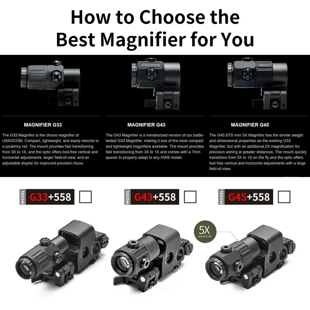Eotech Holographic Collimator 558 Red Dot Sight G43/G33/G45 3X 5X Magnifier Airsoft Hunting Gear w/ 20mm Rail Mounts & QD Lever red dot sight holographic collimator