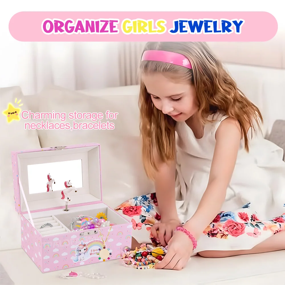 Girls Unicorn Music Jewelry Box with Spining Doll Cute Jewelry Storage Box Birthday New Year Christmas Music Box Gifts for Girls 4