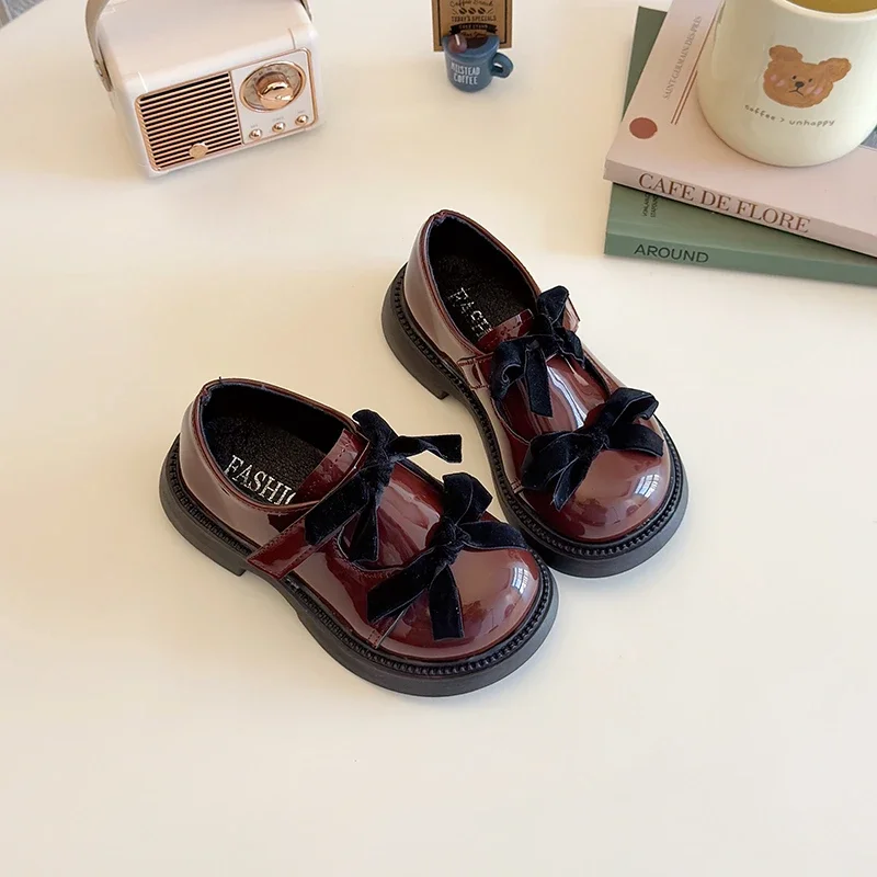 Children Leather Shoes Spring New Princess Shoes for Girls Wine Red Versatile Kids Fashion Wedding Party Mary Jane Glossy