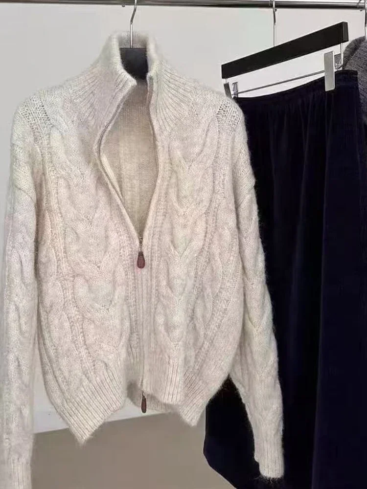 Women's Turtleneck Cardigan Long-sleeved Sweater Autumn and Winter New Zipper Solid Color Office Sweater Jacket Korean Fashion