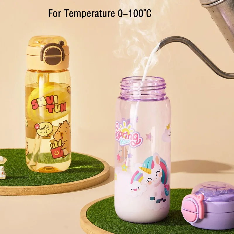 600ml High Quality Cartoon Plastic Water Bottle With Straw BPA Free Leak-Proof Durable Unbreakable Kids Drinking Bottle