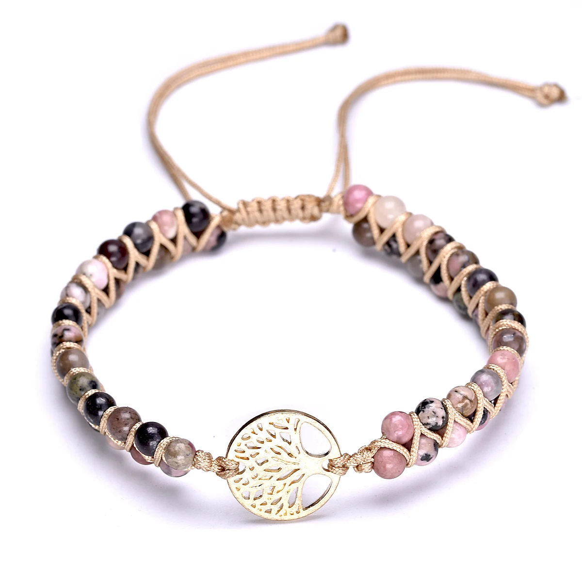 Natural Pink Rhodochrosite Yoga Wrap Bracelets Tree Of Life Charm Braided Friendship Lover Wrist Bracelet For Women 4Mm