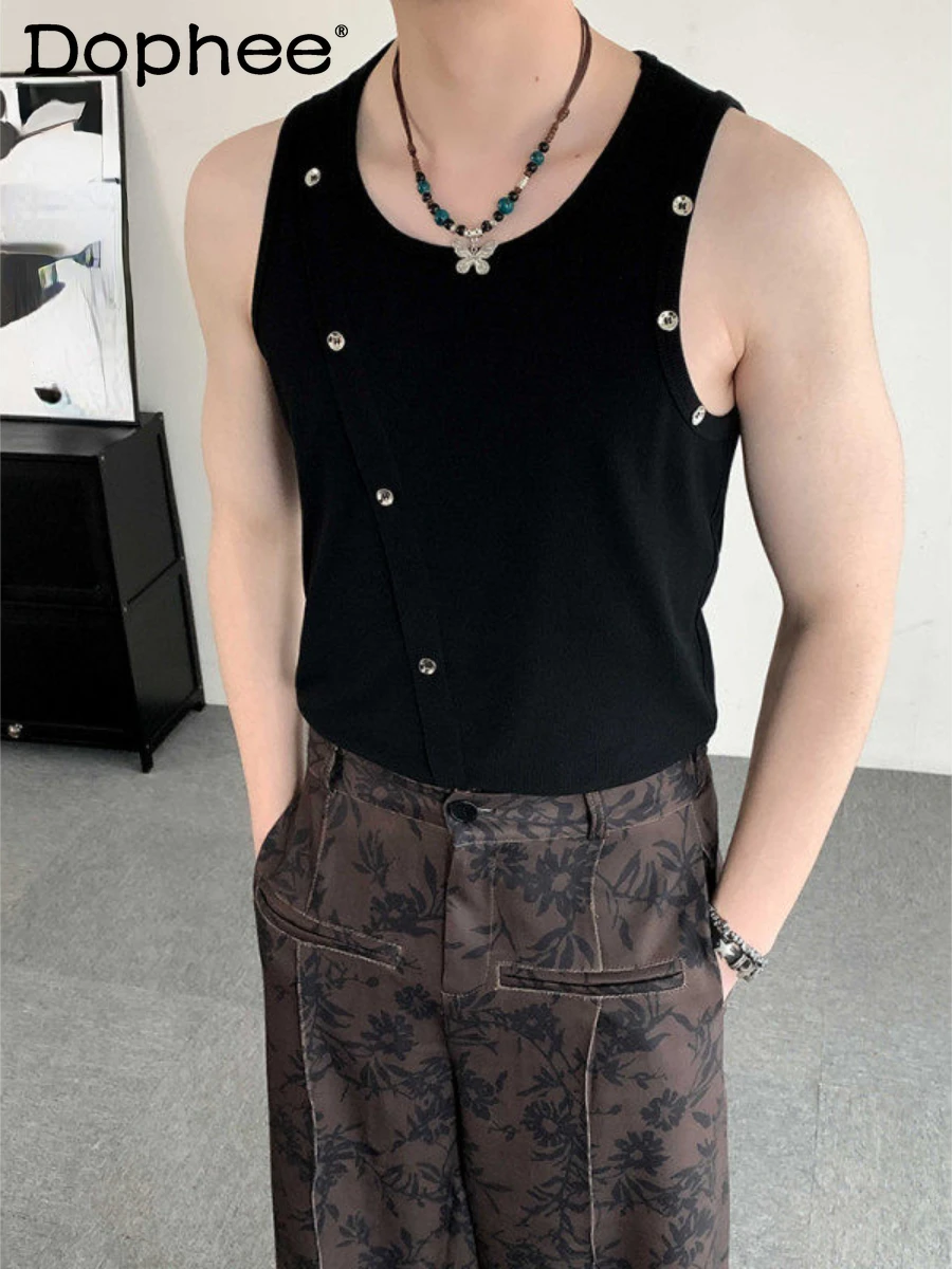 

2024 Summer Fashion Vests Men's Irregular Handsome Slim-Fitting Stretch Vest Trendy Male Sleeveless Round Neck Tank Tops