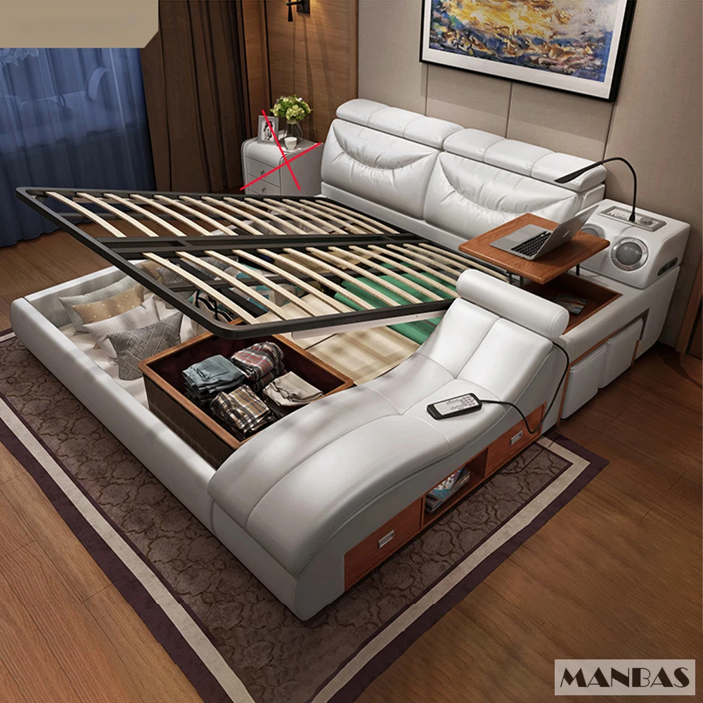 MANBAS Multifunctional Tech Smart Leather Bed with Massage